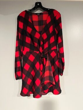 Express Red and Black Plaid Tie-Front Dress